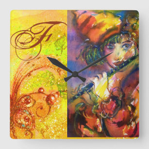 FLUTIST PORTRÄTT / Venetian Masqueramonogram Fyrkantig Klocka