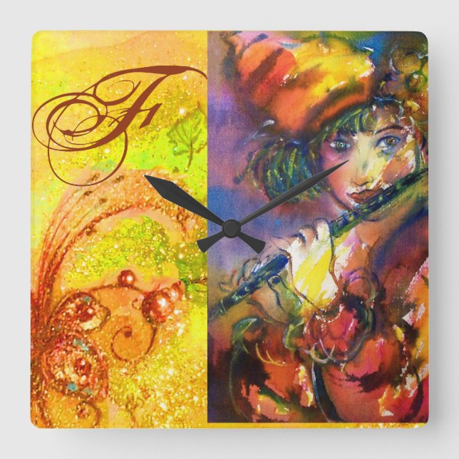 FLUTIST PORTRÄTT / Venetian Masqueramonogram Fyrkantig Klocka (Framsida)