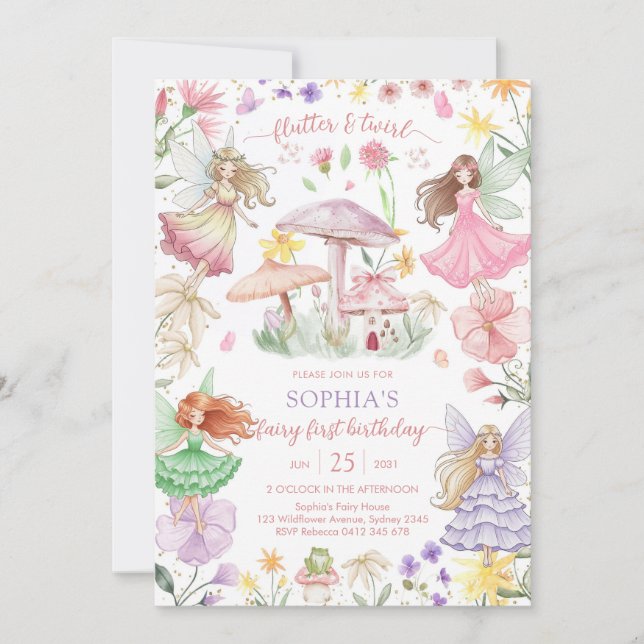 Flutter and Twirl Fairy First 1st Birthday Inbjudningar (Framsida)