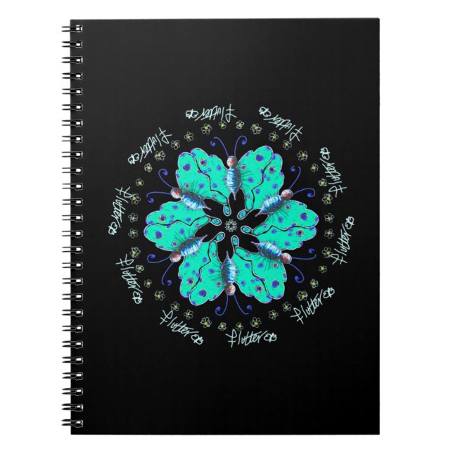 Flutter aqua blue butterfly mandala anteckningsbok (Framsidan)