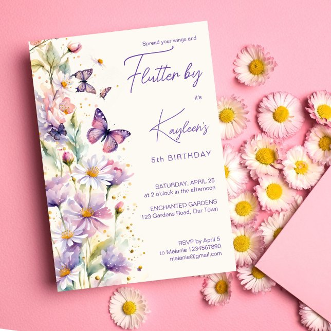 Flutter efter butterflies födelsedagslånets lila inbjudningar (Flutter by butterflies birthday party lavender purple invitation editable template digital download)