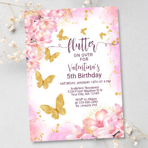 Flutter Guld Butterfly Rosa Flowers Girls Birthday Inbjudningar