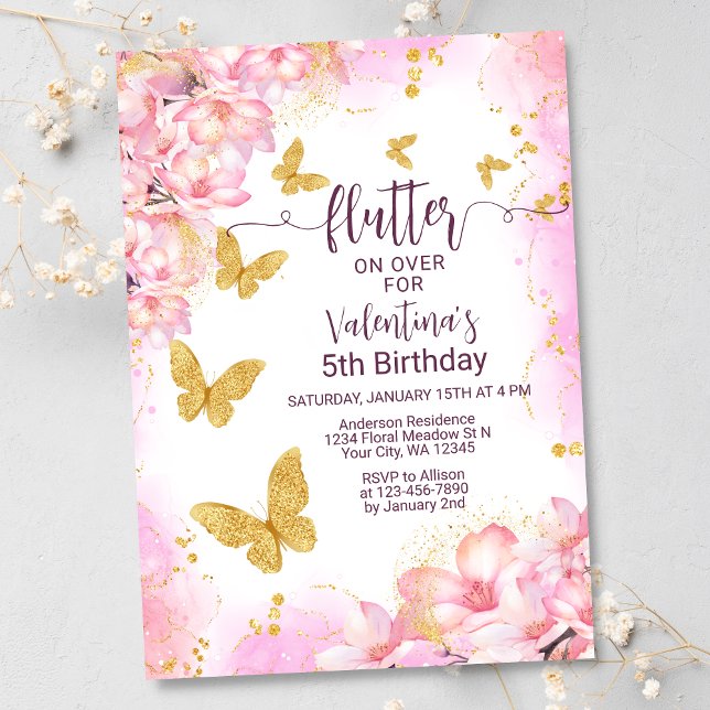 Flutter Guld Butterfly Rosa Flowers Girls Birthday Inbjudningar (Skapare uppladdad)