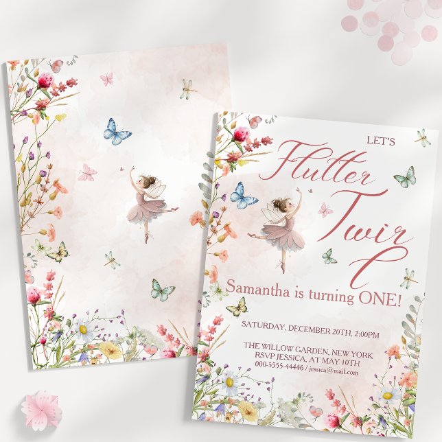 Flutter och Twirl Magiska Vingar Första Födelsedag Inbjudningar (Flutter and Twirl Magical Wings First Birthday Invitation)