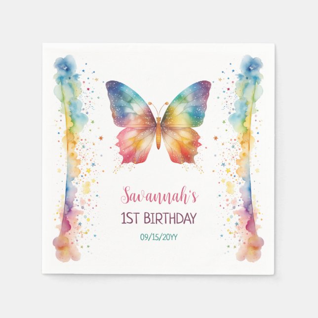 Flutter On Over Rainbow Butterfly 1st Birthday Pappersservett (Framsidan)