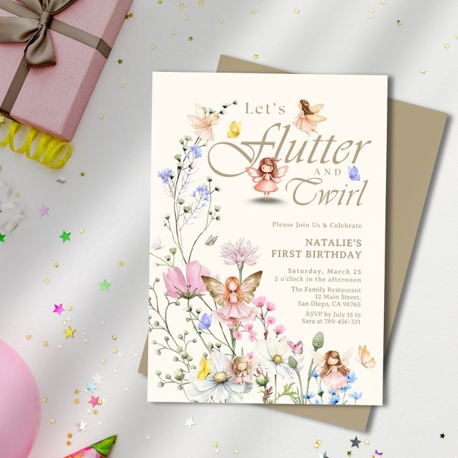 Flutter & Twirl Forest Fairy Girl's First Birthday Inbjudningar (Flutter & Twirl Forest Fairy Girl's First Birthday Invitation)