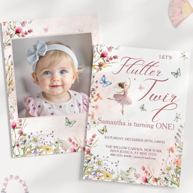 Flutter Twirl Magiska Vingar Första Födelsedagsfot Inbjudningar (Flutter Twirl Magical Wings First Birthday Photo Invitation)