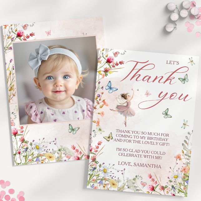 Flutter Twirl Magiska Vingar Första Födelsedagsfot Tack Kort (Flutter Twirl Magical Wings First Birthday Photo Thank You Card)