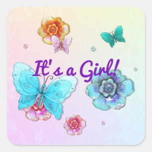 Flutterby Graffiti Jeweled ITS A GIRL Fyrkantigt Klistermärke