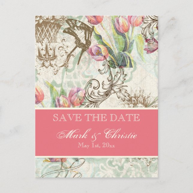 Flutterbyes 'n Tulips Elegant Save Date Card Meddelande Vykort (Framsida)