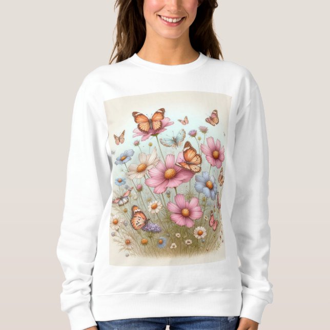 Fluttering Beauty: Butterflies on Flowers T Shirt (Framsida)