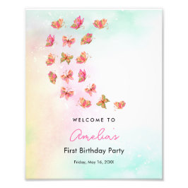 Fluttering Pink Butterfly Girl 1st Birthday Sign Fototryck