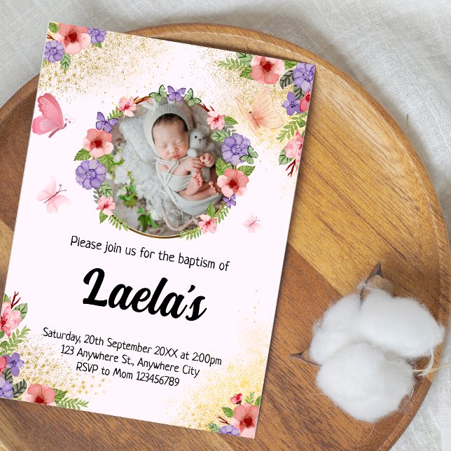 Fluttrande Faith: Modern Butterfly Baptism Photo Inbjudningar (Modern Butterfly Baptism Photo Invitation)