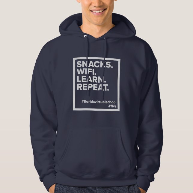 FLVS Snacks. Wifi. Lär dig. Upprepa. Navy Hoodie (Framsida)