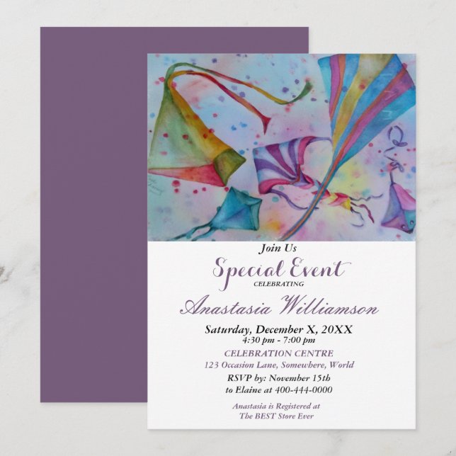 FLY DIUR KITE PARTY HÄNDELSE INBJUDAN (Fram/baksida)