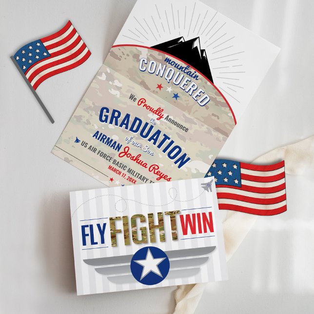 Fly Fight Win Luft Force BMT Militärt Studenten Meddelande (Patriotic Air Force basic military training Mountain Conquered Fly Fight Win graduation announcement)