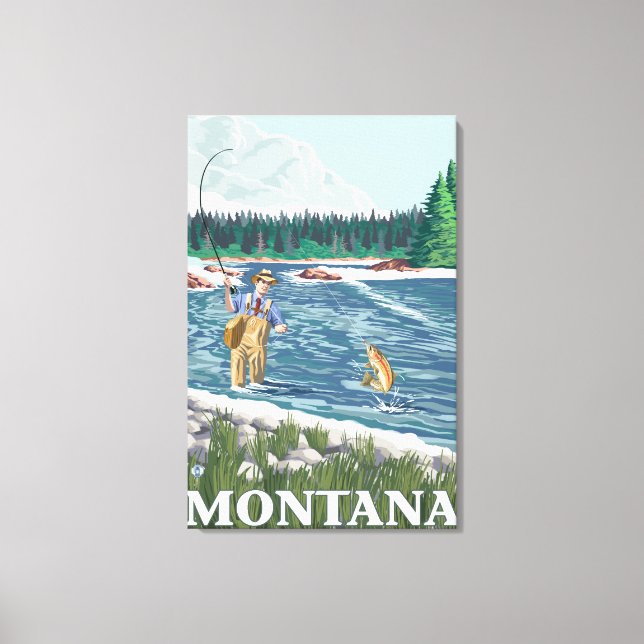 Fly FishermanMontanaVintage Travel Poster Canvastryck (Framsida)