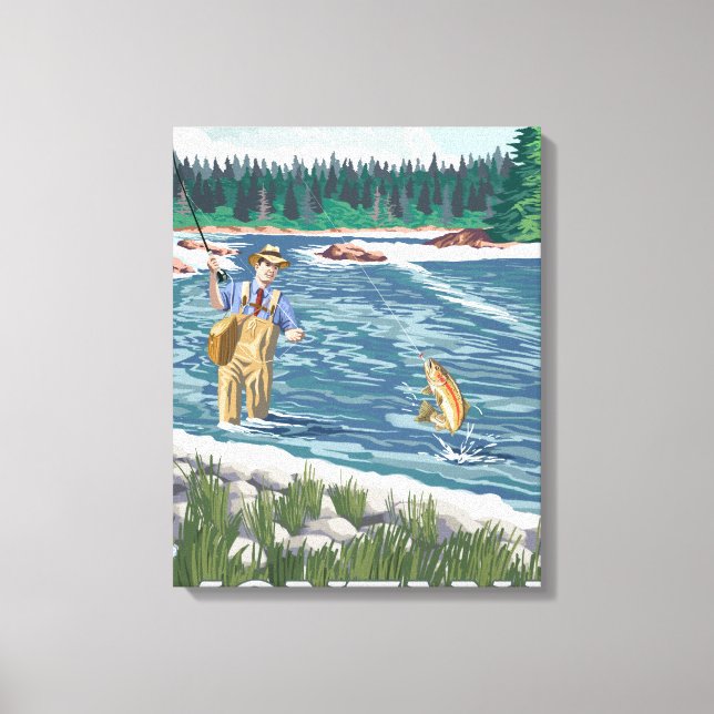 Fly FishermanMontanaVintage Travel Poster Canvastryck (Framsida)