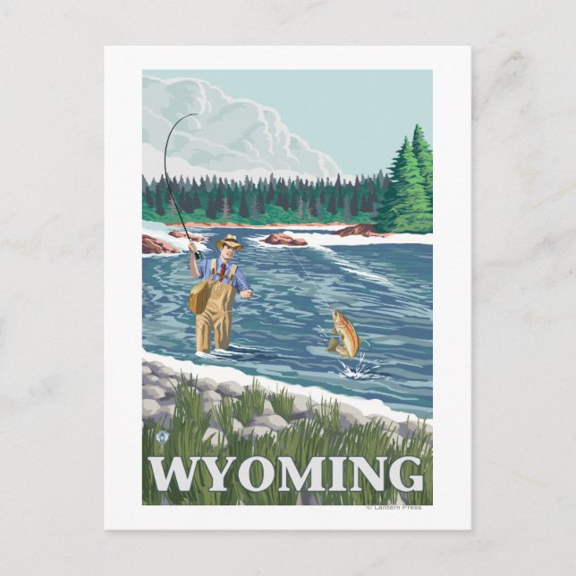 Fly FishermanWyomingVintage Travel Poster Vykort (Framsida)