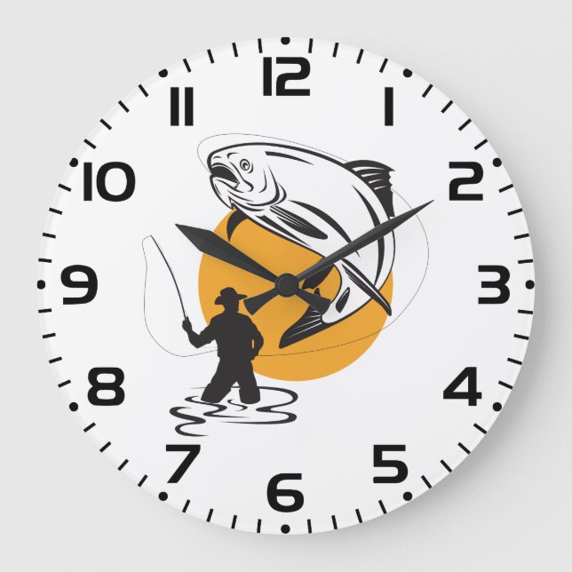 Fly Fishing Trout Sunset Silhouette Stor Klocka (Framsida)