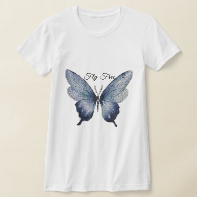 Fly Free – Blue Butterfly Art Design T Shirt (Laydown)