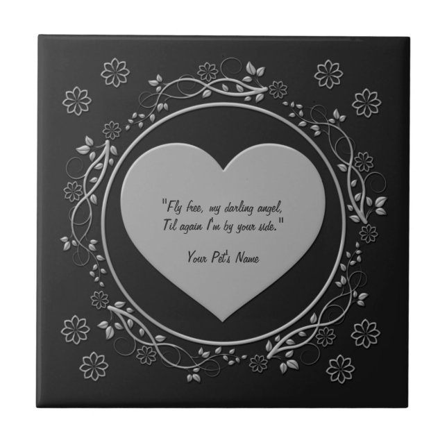 Fly Free Metallic Silver Heart Black Pet Memorial Kakelplatta (Framsidan)