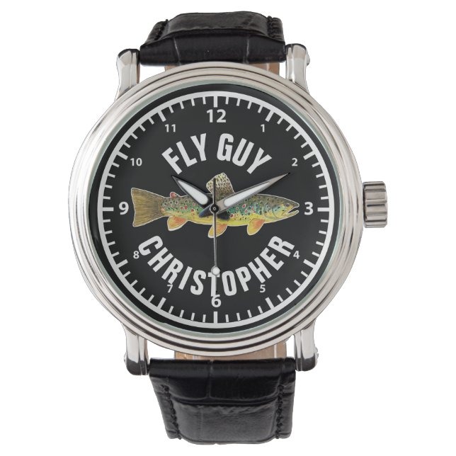 FLY GUY Brown Trout Fishing Personalize Fisherman Armbandsur (Framsida)