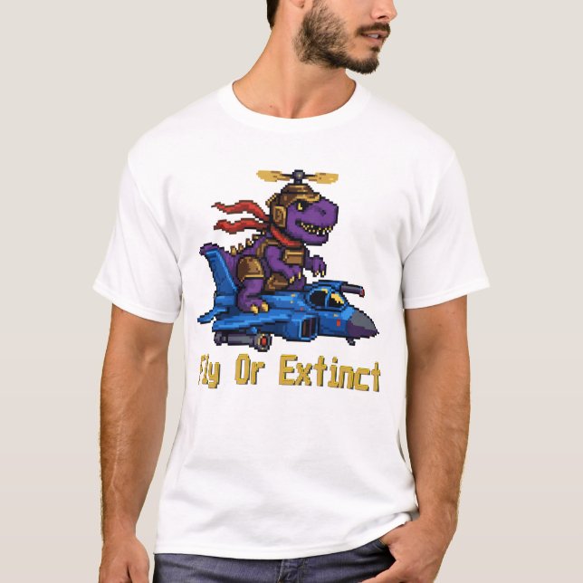Fly Or Extinct Pixel Art Dinosaur Pilot Fighter Je T Shirt (Framsida)