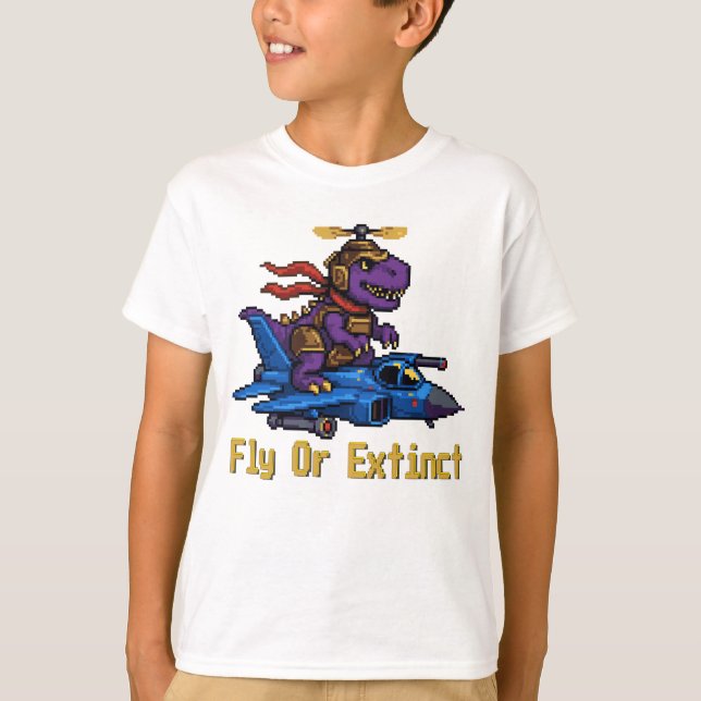 Fly Or Extinct Pixel Art Dinosaur Pilot Fighter Je T Shirt (Framsida)