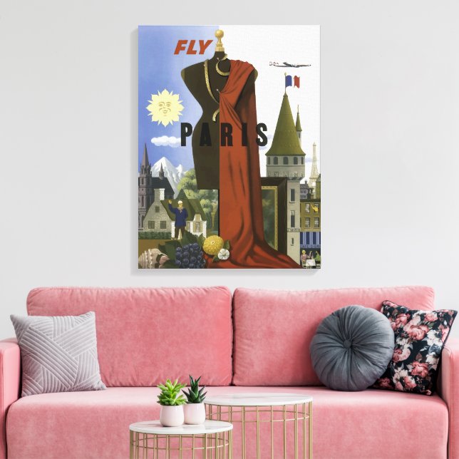 Fly Paris Frankrike Vintage resor Poster Canvastryck (Insitu (Vardagsrum))