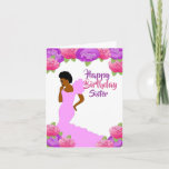 Fly Sister African American Birthday Card Kort<br><div class="desc">Detta vackra födelsedagskort och elegant-kort har rosa och lila ro och en afrikansk amerikansk kvinna i en rosa. Skaffa det här klassens och söta födelsedagskort till din syster och få ett leende på ansikte.</div>