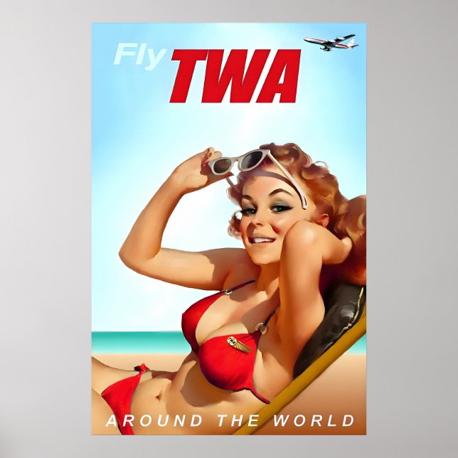 Fly TWA Trans World Airlines Stewardess Bikini Pin Poster (Framsidan)