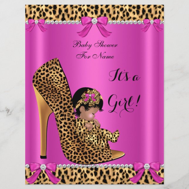 Flyer Baby Shower Baby Cute Girl Leopard Shock ros (Framsidan)