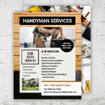 Flyer för handyman Carpenter Home Renovations Serv<br><div class="desc">Har en hammare i handen och en passion för att förvandla hem? Den här flygaren är din nya bästa vän! Den här uppsättningen har en tålig design för träpaneler i gräs som skriker "professionell" och "maskulin" och handlar bara om att få handyman- eller karpentry-tjänster uppmärksammade. Vare sig du är en...</div>