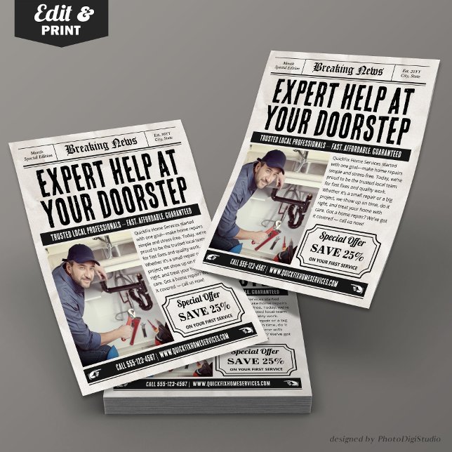 Flyer för nyhetsförmedling, Retro Small Business A (Newspaper Services Flyer, Retro Small Business Ads Flyer)