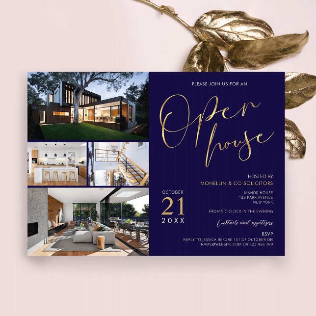 Flyer i marinkanten och Guld Egendom Inbjudningar (Navy and gold open house marketing flyer / invitation with space for 4 photos)