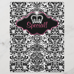Flyer Salon Blommig Damask Svart Vit Rosa Krona