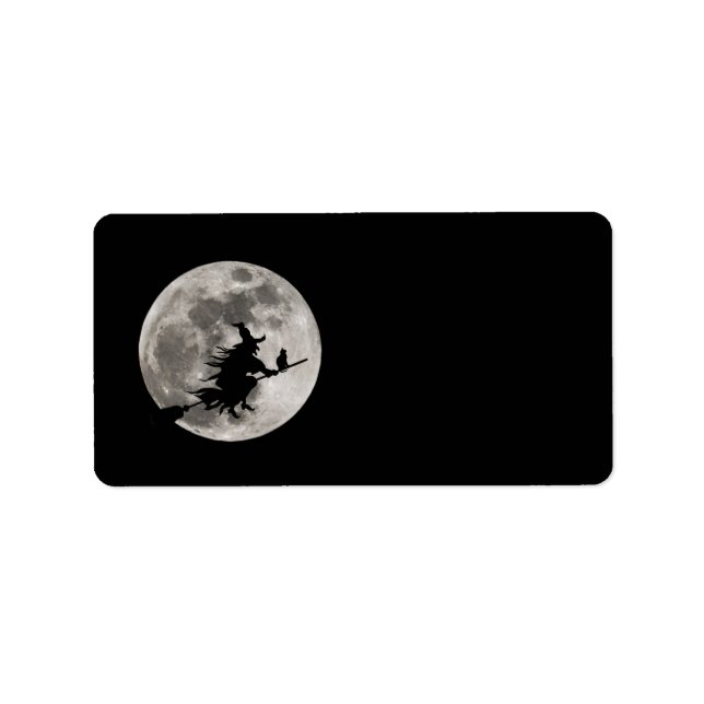 Flyg häxa med en ljus måne bakom henne adressetikett (Framsidan)