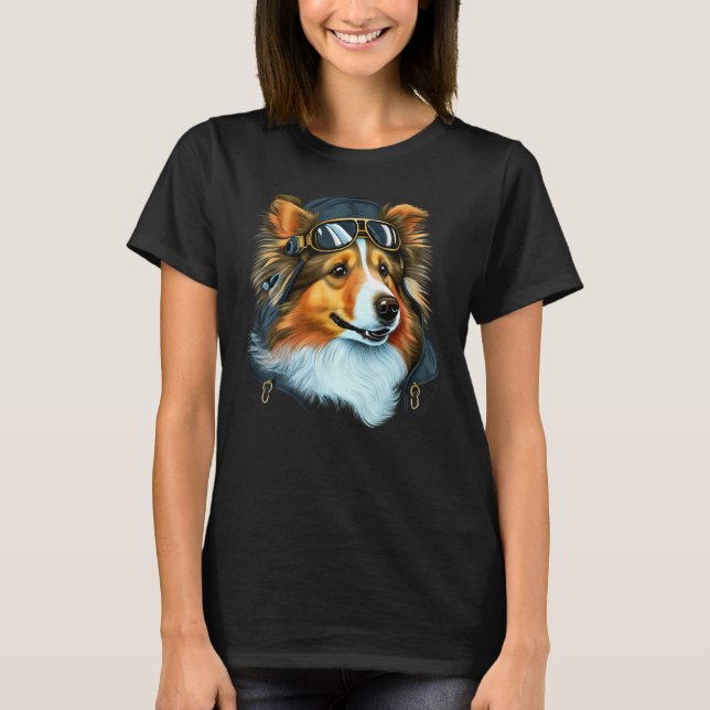 Flyg Sheltie Flygplans Pilot på Shetland Sheepdog T Shirt (Framsida)