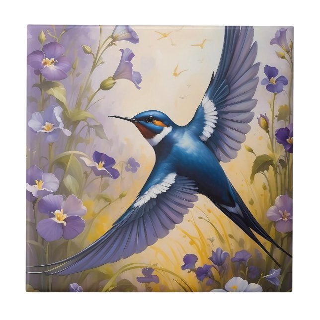 Flyg Svalt Fält i Violet Flowers Kakelplatta (Framsidan)