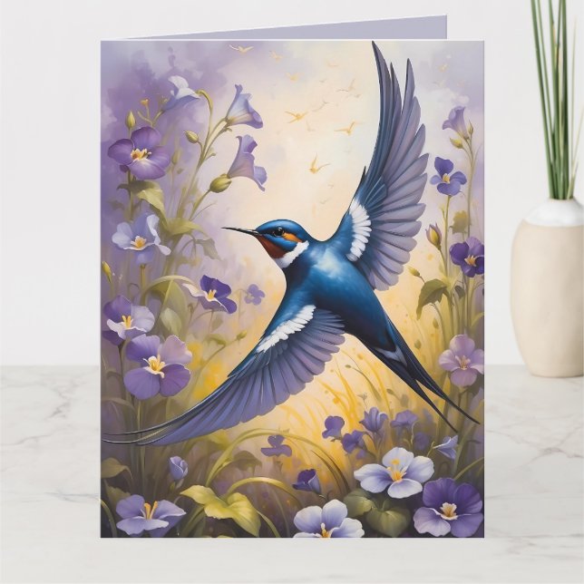 Flyg Svalt Fält i Violet Flowers Kort (Framsida)