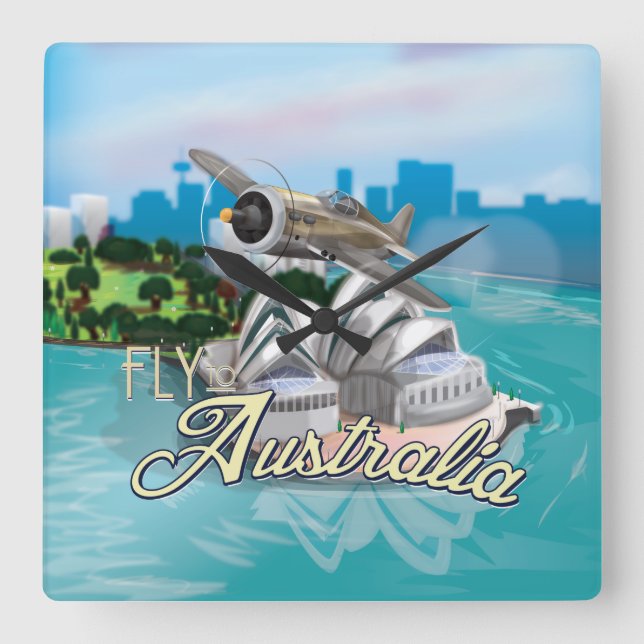 Flyg till Australien Resa Illustration Fyrkantig Klocka (Framsida)