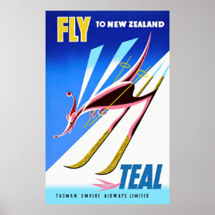 Flyg till Nya Zeeland Vintage resor Poster