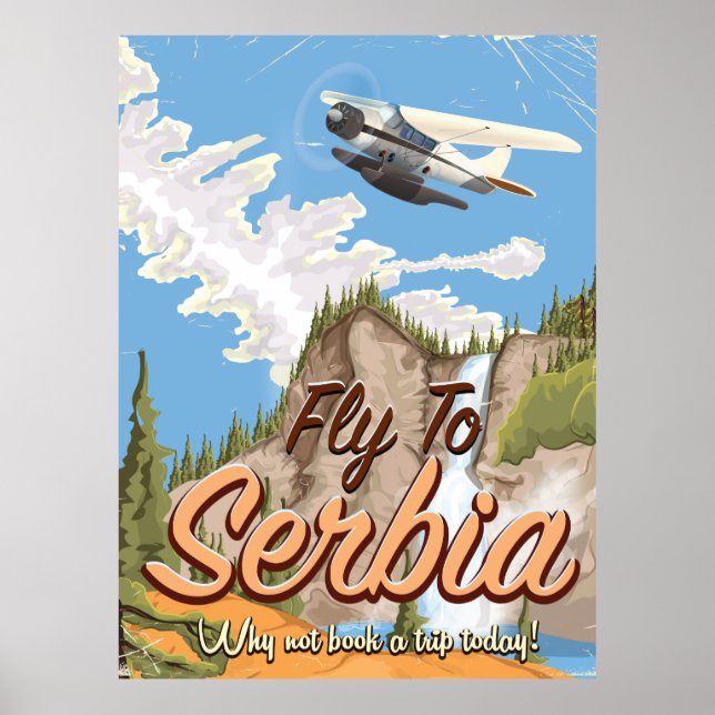 Flyg till Serbiens Tecknad Travel-affisch Poster (Framsidan)