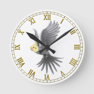 Flyga den gråa Cockatielpapegojaväggen ta tid p Rund Klocka