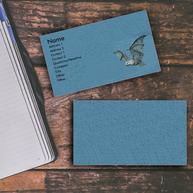 Flygande 3d Blue Fladdermus Visitkort (White faced flying blue spooky bat on mottled blue business cards.)
