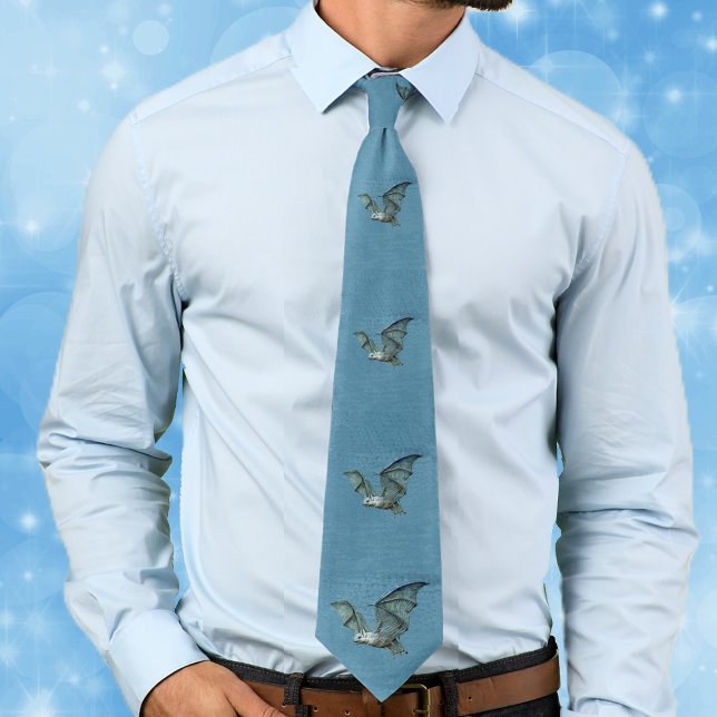 Flygande blå 3D Fladdermus Slips (Flying spooky blue bats with white faces on blue neck tie.)