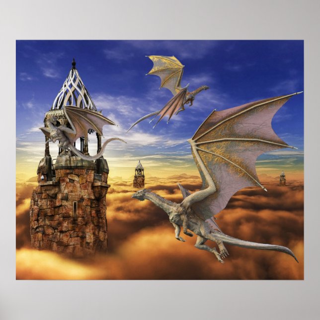 Flygande Bronze Dragon Fantasy Himlar Poster (Framsidan)