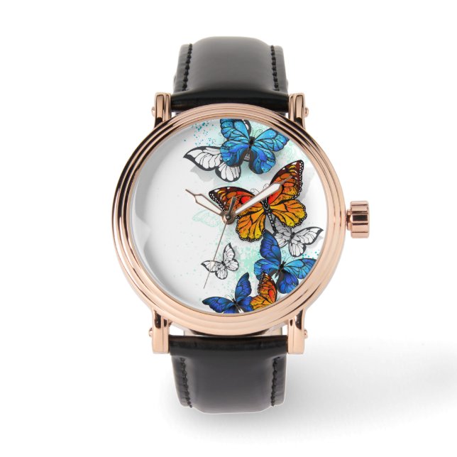 Flygande Butterflies Morpho och Monarch Armbandsur (Framsida)