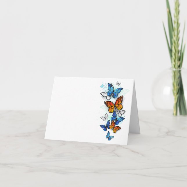 Flygande Butterflies Morpho och Monarch Helgkort (Framsida)